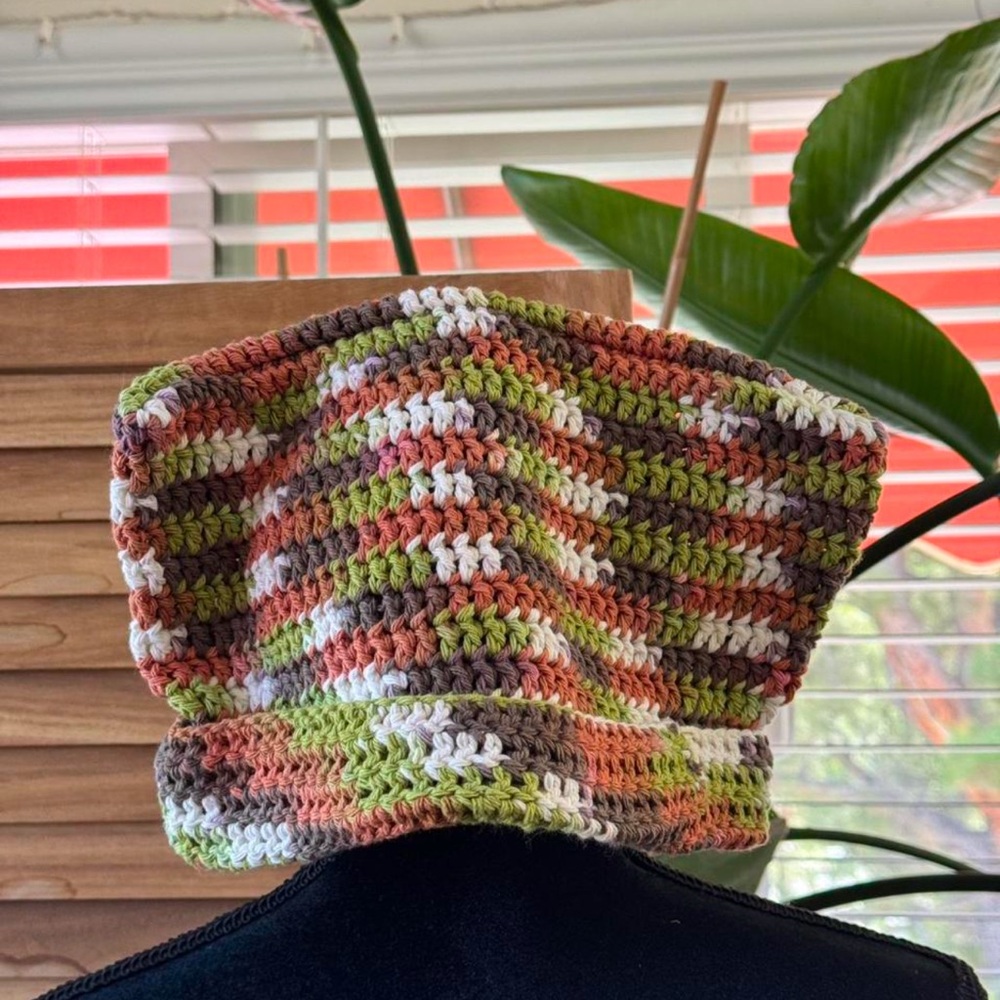 Handmade Crochet Beanie Earthy Stripes Green Rust Cream Boho Cottagecore